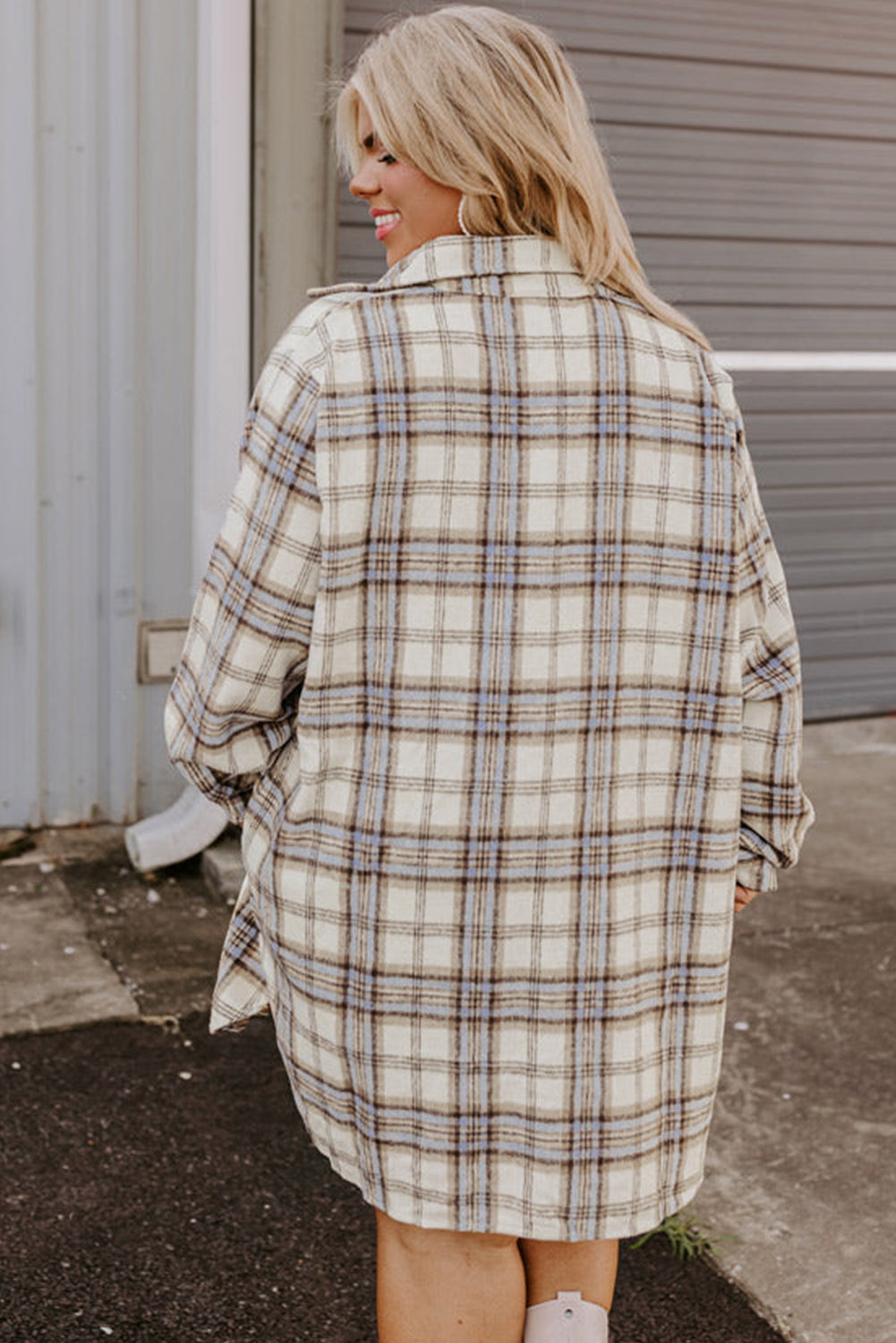 White Plaid Tunic Shacket with Slits