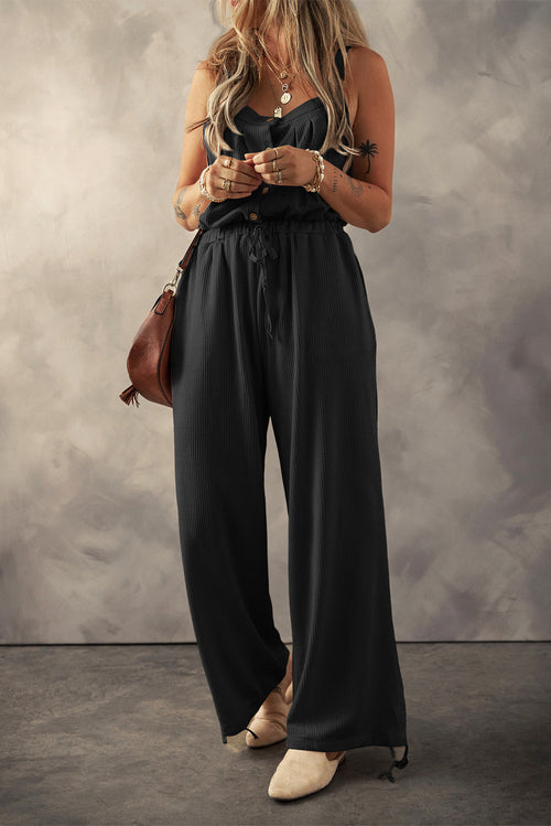 Knotted Strap Button Textured Drawstring Jumpsuit