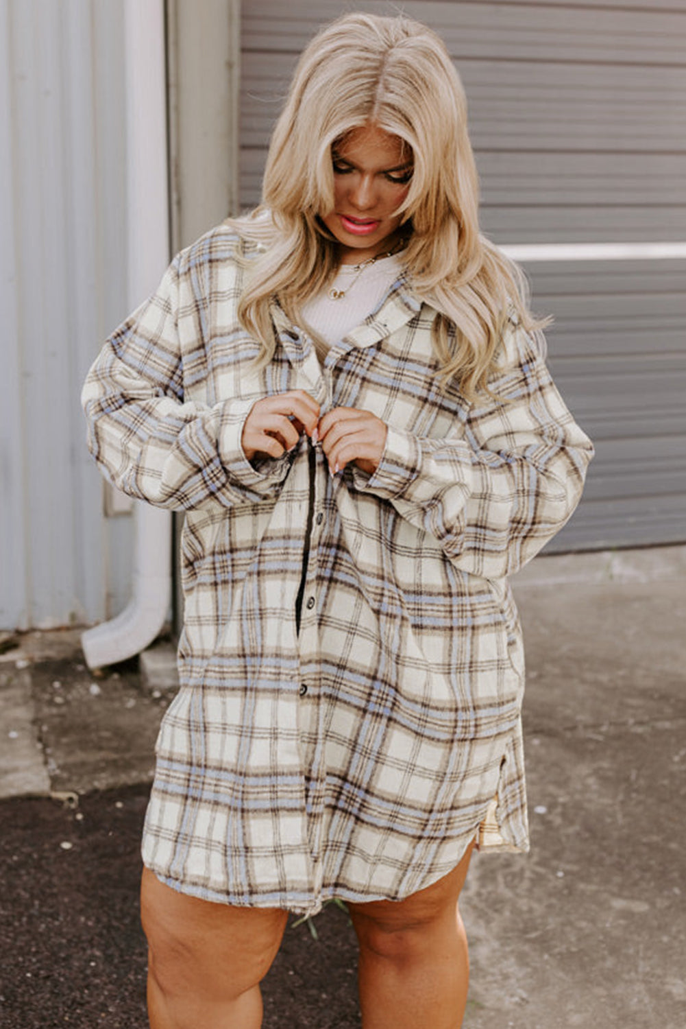 White Plaid Tunic Shacket with Slits