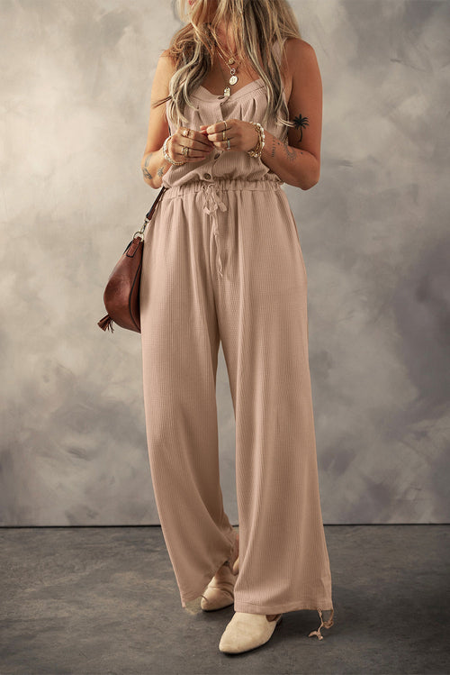 Knotted Strap Button Textured Drawstring Jumpsuit