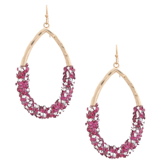 Pair of gold teardrop dangle earrings adorned with vibrant magenta beads, offering a bold and elegant statement perfect for any occasion.