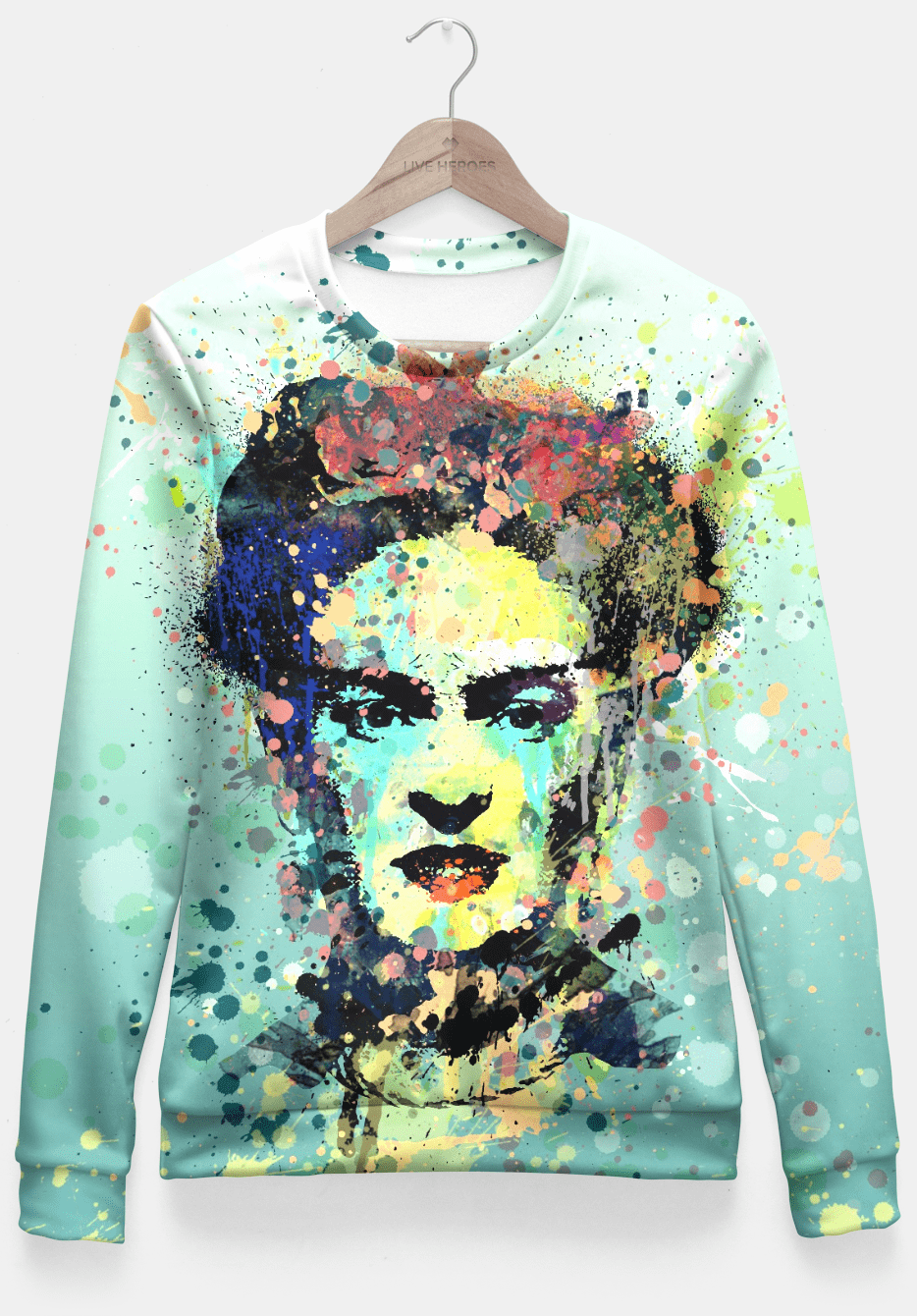 A vibrant women's sweater featuring an artistic, abstract portrait of Frida Kahlo in splashes of bold colors like blue, red, yellow, and green. The sweater has a fitted waist design and a crew neck, perfect for casual or artistic style statements.