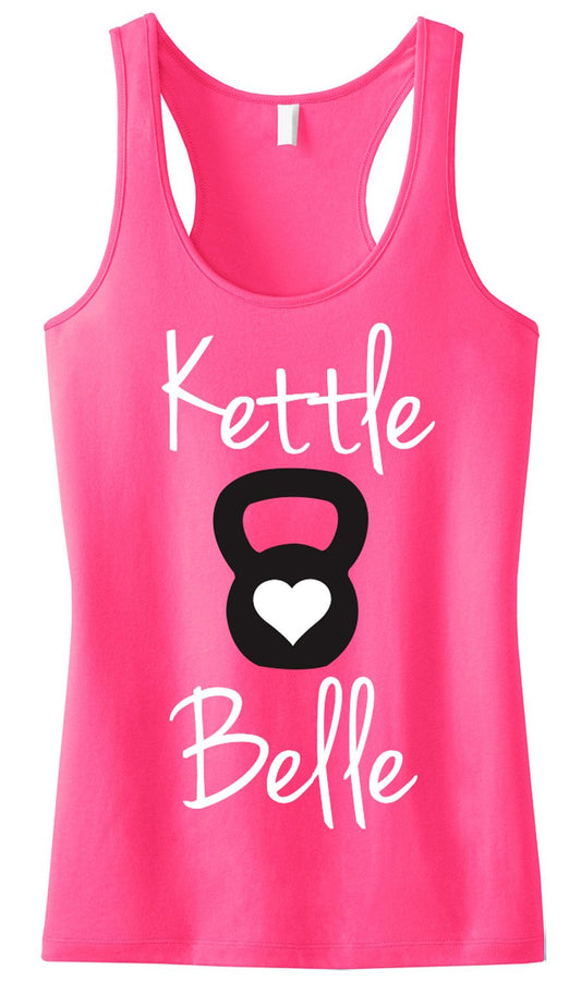 A vibrant pink tank top with the words "Kettle Belle" written in white, accompanied by a black kettlebell graphic with a heart symbol. The sleeveless design features a relaxed fit, perfect for activewear or casual day