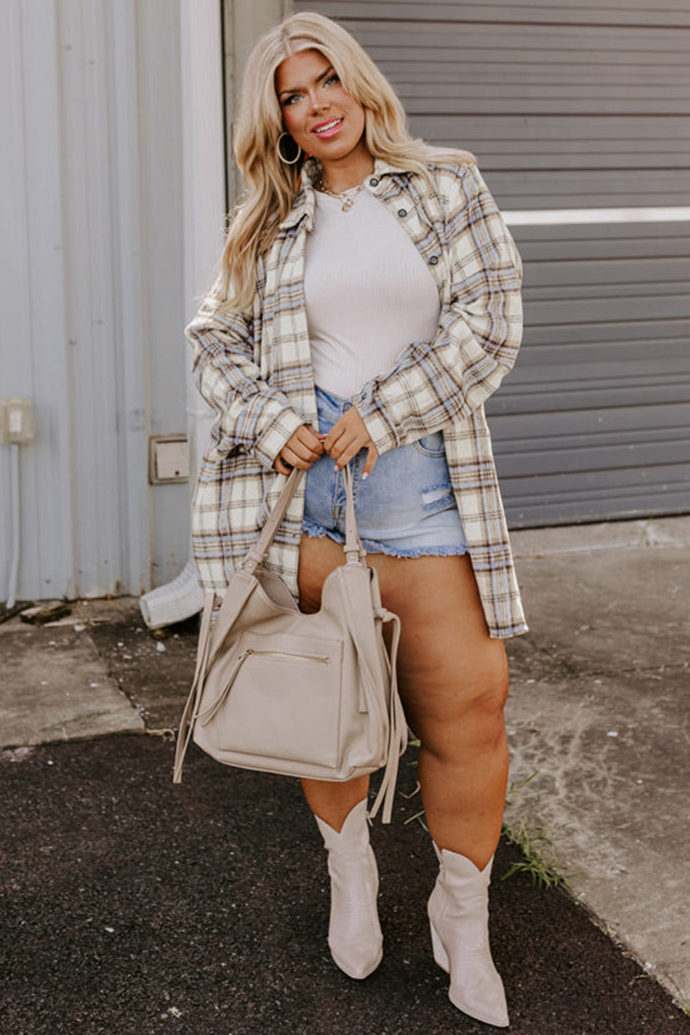 White Plaid Tunic Shacket with Slits