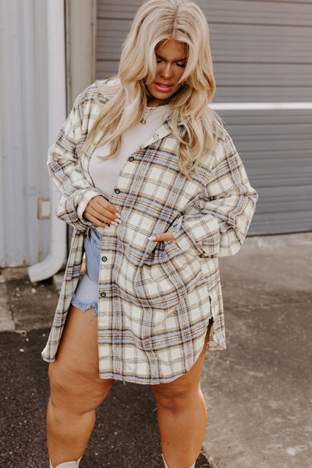 White Plaid Tunic Shacket with Slits