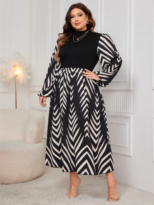 Printed Mock Neck Long Sleeve Midi Dress