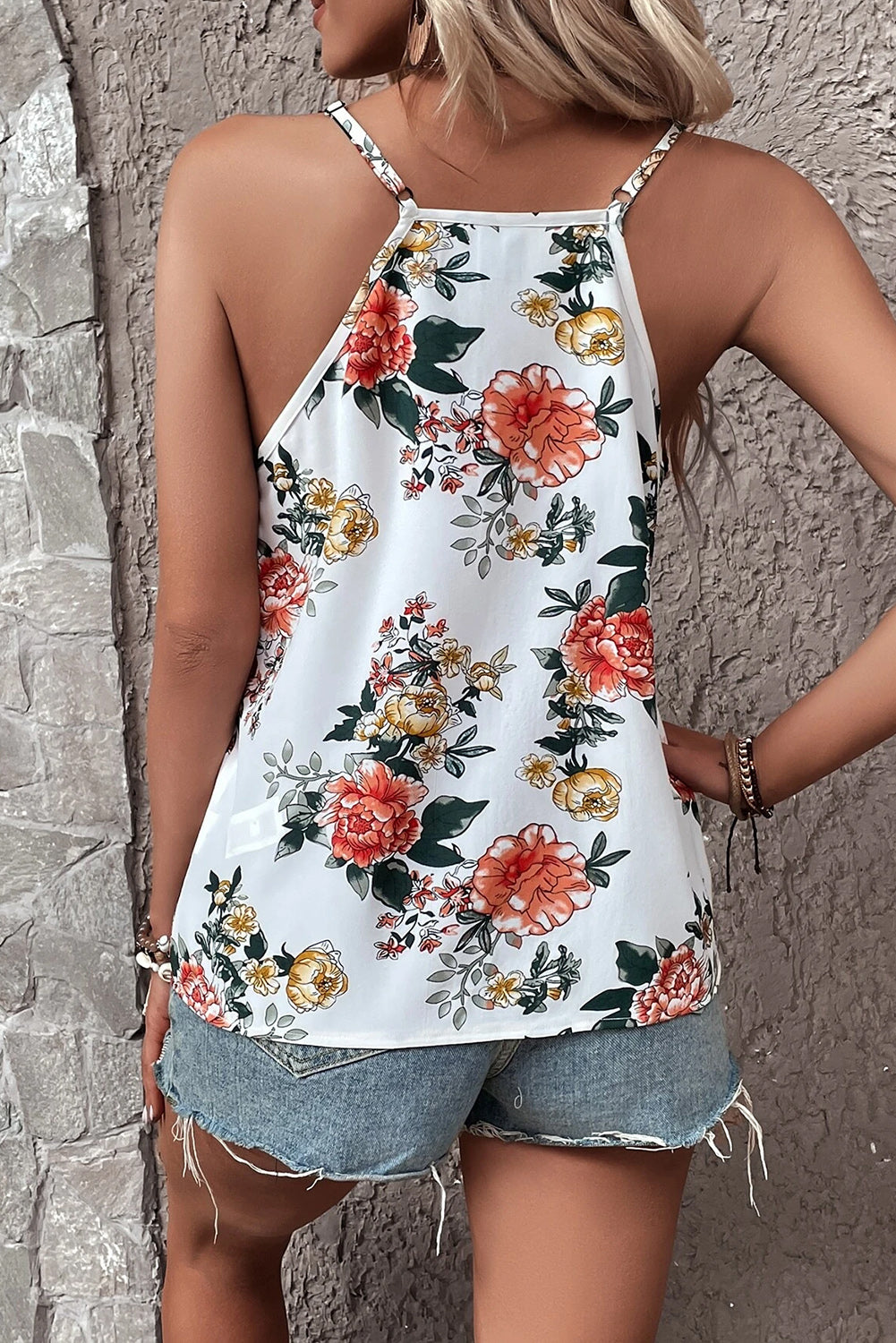 White Floral V Neck Tank